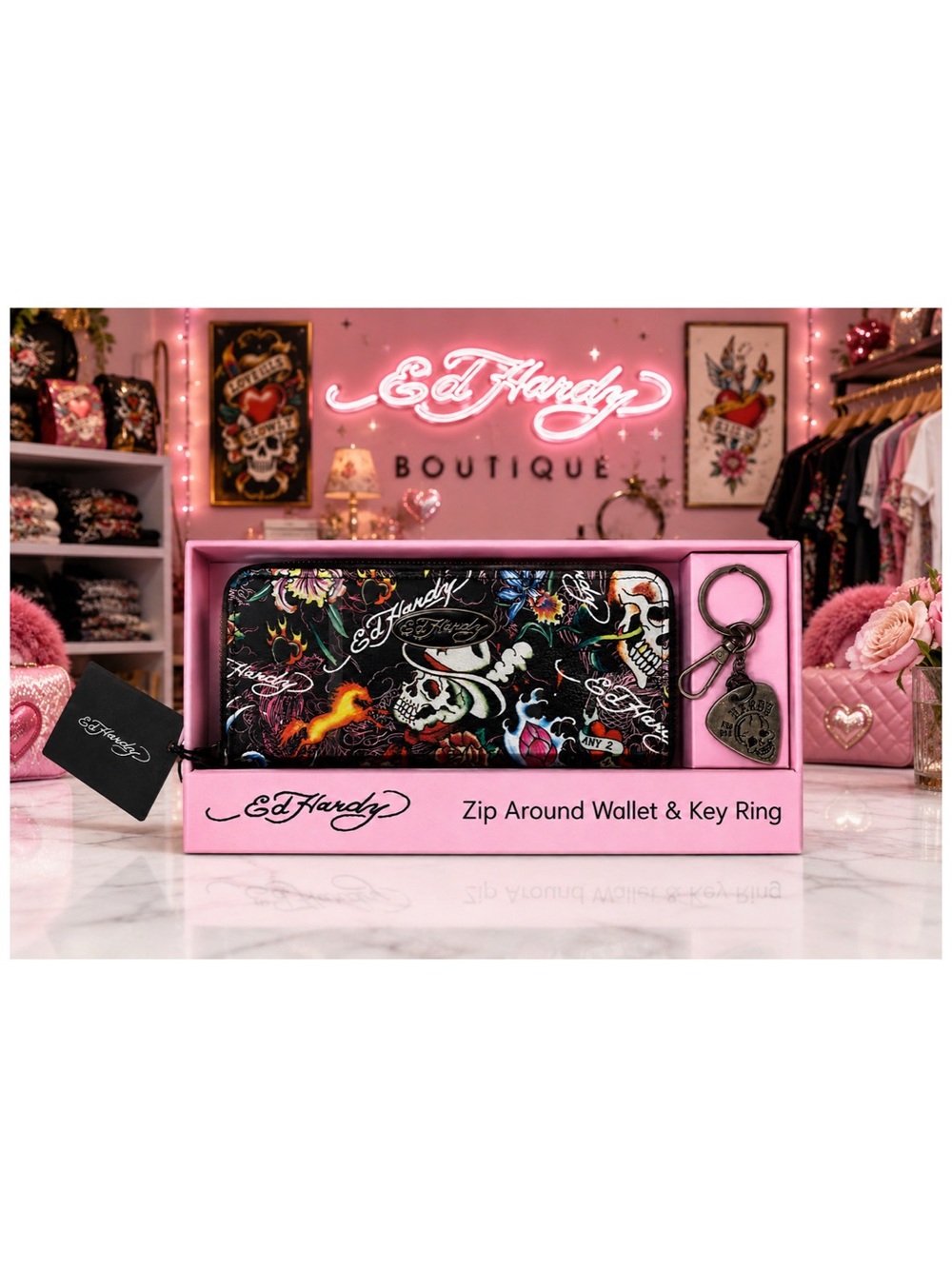 Ed Hardy Skull & Hearts Zip Around Wristlet Wallet and Key Ring Set. New in Box!